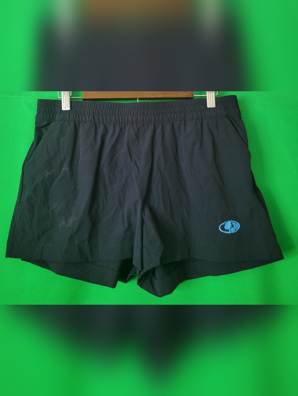 Mossy Oak Black Swim Trunks Blue Logo Fishing Shorts Sz M Hydroplex Stretch UV